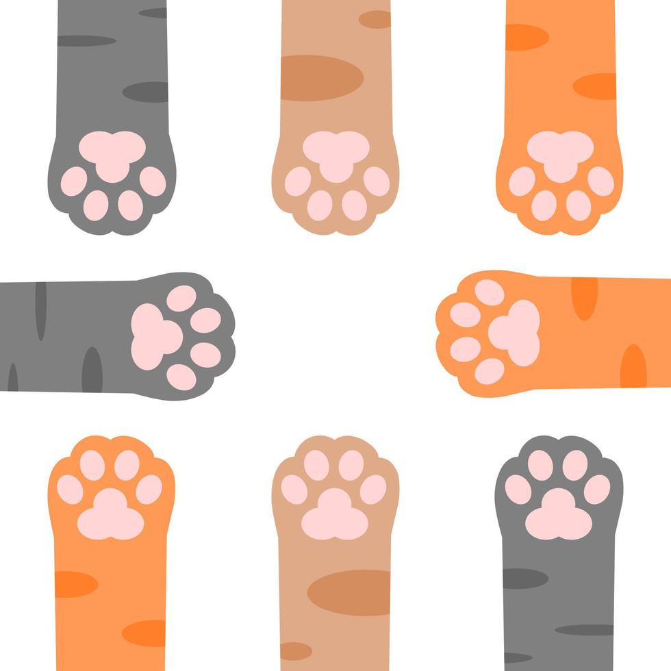 Cute foot paws up cat pet leg stretch on brown background flat vector icon seamless pattern design.