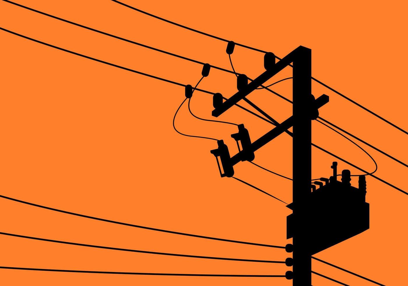 Silhouette high voltage electric pole with transformer and drop fuse on orange background flat vector design.