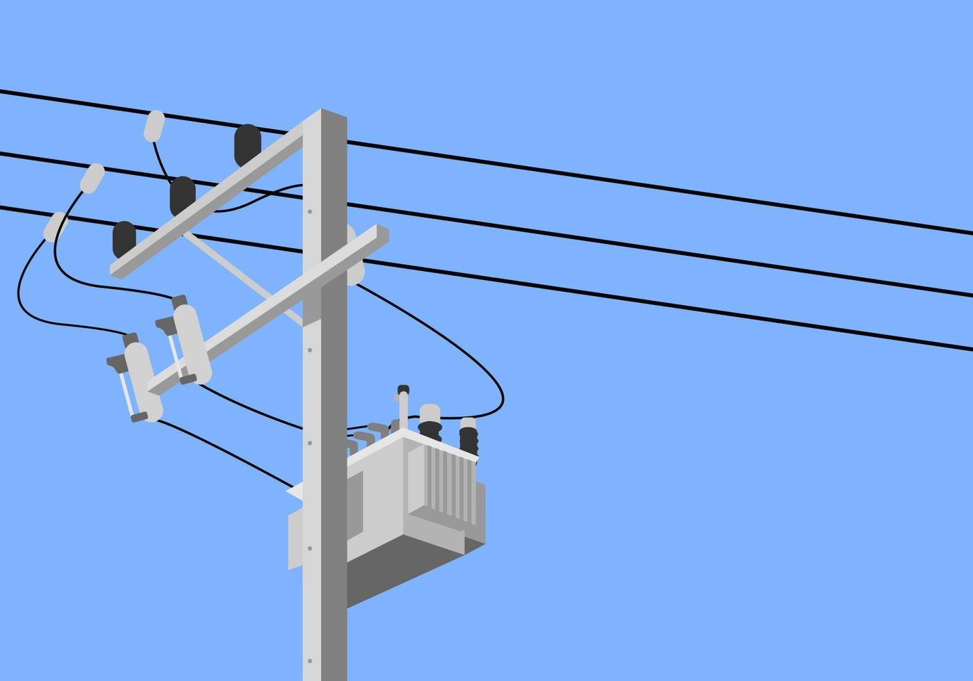 Cement high voltage electric pole with transformer and drop fuse on blue background flat vector design.