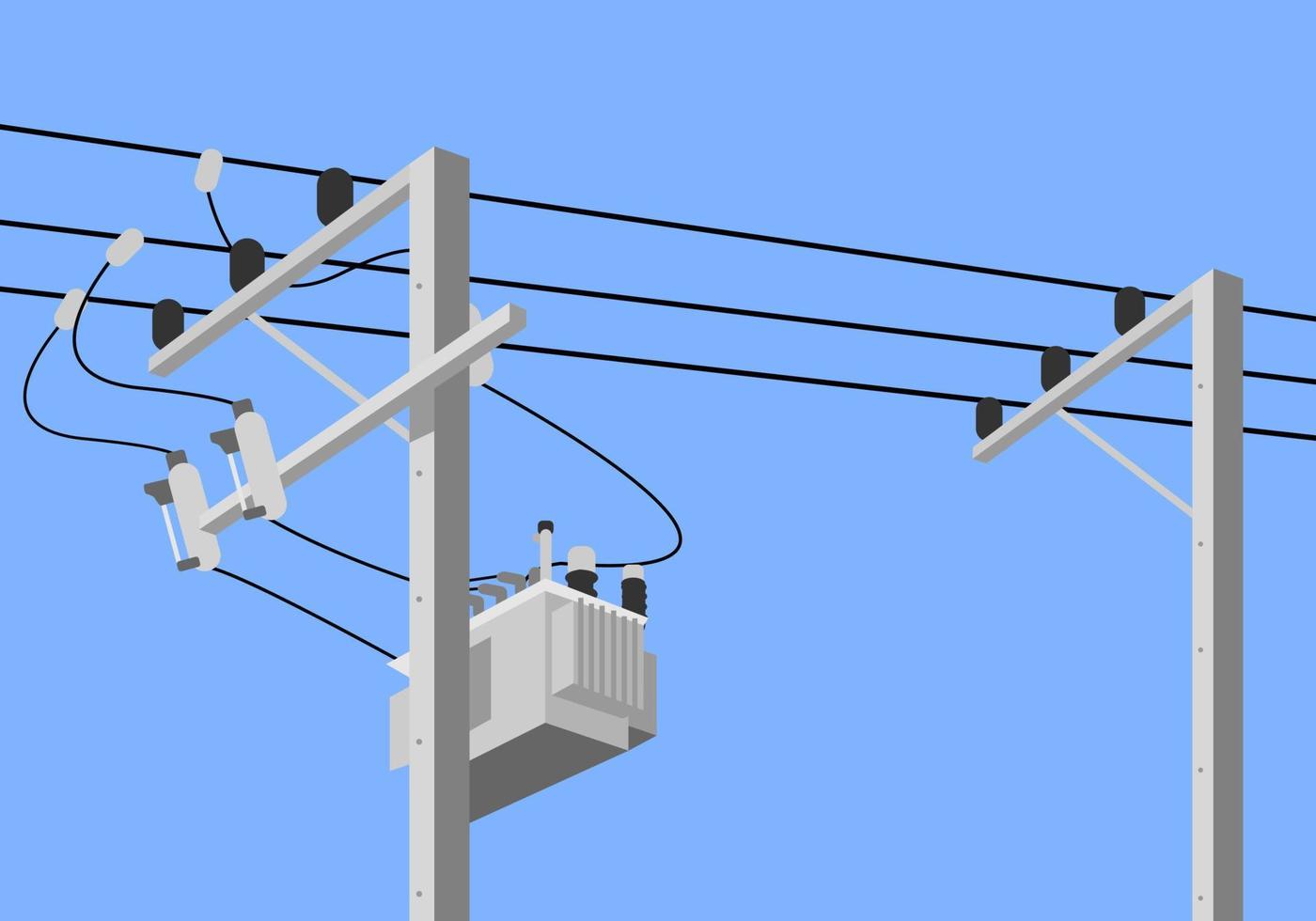 Cement high voltage electric pole with transformer and drop fuse on blue background flat vector design.