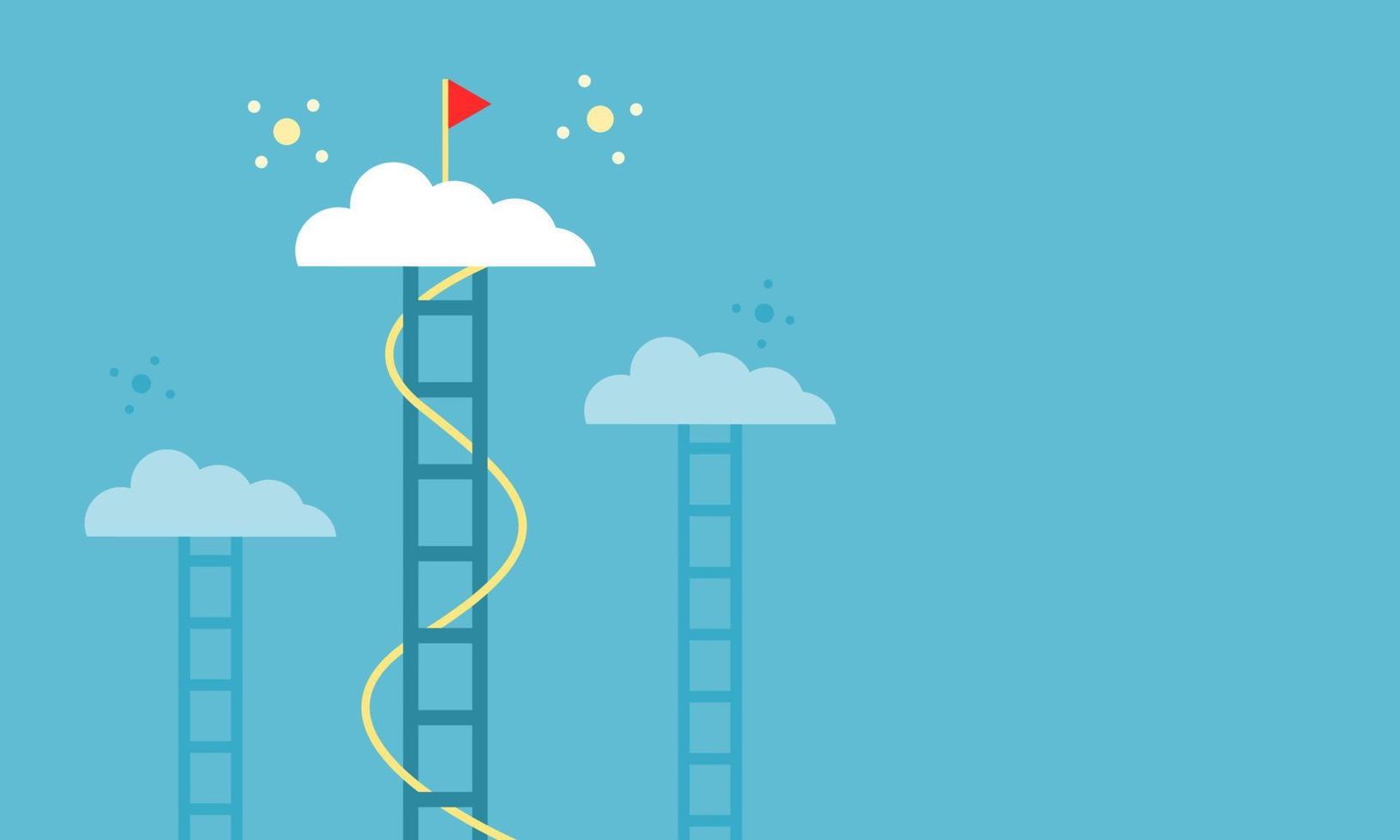 Stairs business step to red flag goal success on white cloud flat vector design.