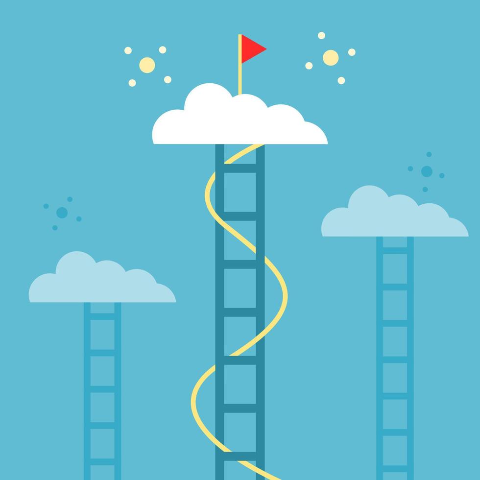 escalera negocio paso a rojo bandera objetivo éxito en blanco nube plano vector diseño.