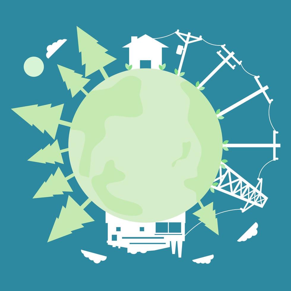 Power plant to transmit electricity electric poles and house or home with tree forest on earth icon flat vector design paper cut. Concept eco clean green energy environmentally friendly.