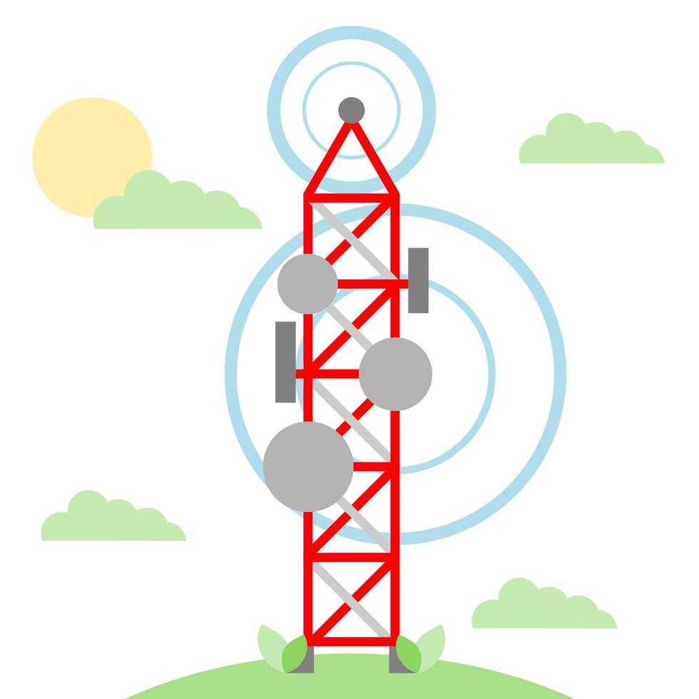 comunicación antena torre en colina plano vector icono diseño.