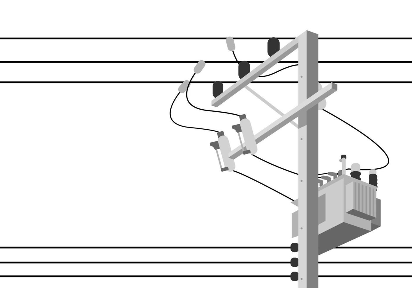 Cement high voltage electric pole power with transformer and drop fuse on white background flat vector design.