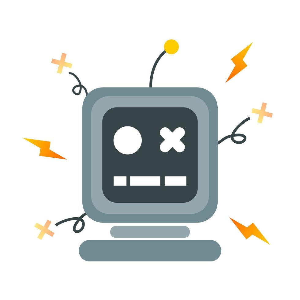 Metal robot crash broken error with spark flat vector icon design. concept page not found error 404.