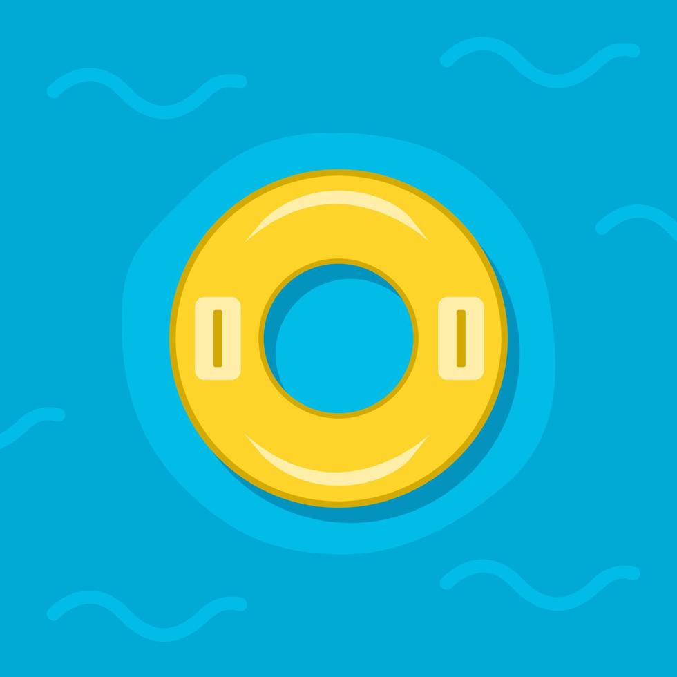 amarillo caucho anillo inflable nadar flotante en azul agua mar o piscina nadando plano vector diseño.