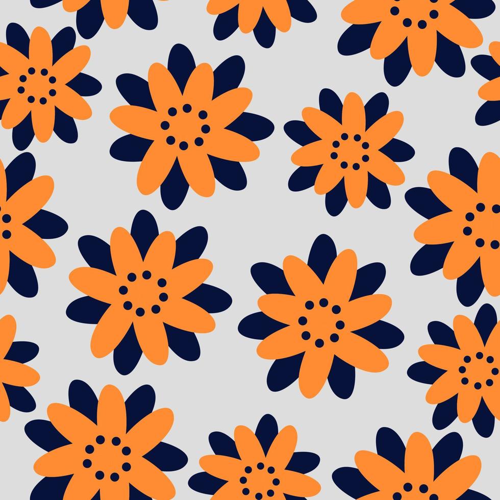 Seamless pattern with orange and dark blue flowers on a gray background vector