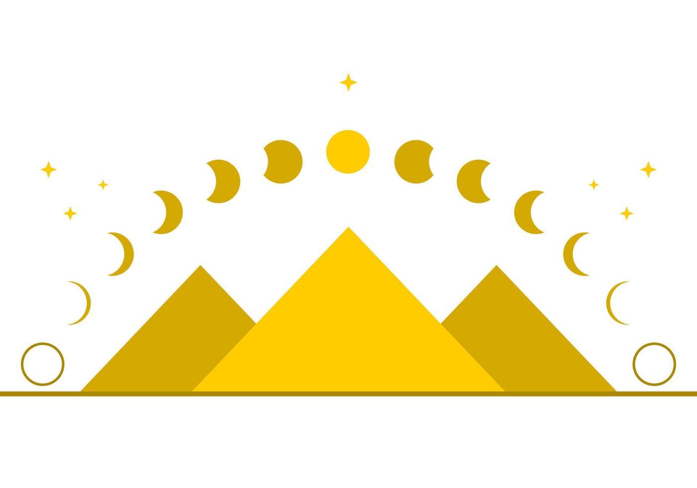 Pyramid traingle with yellow moon different phases or lunar phases mysterious astrology magic on white background flat vector design icon.