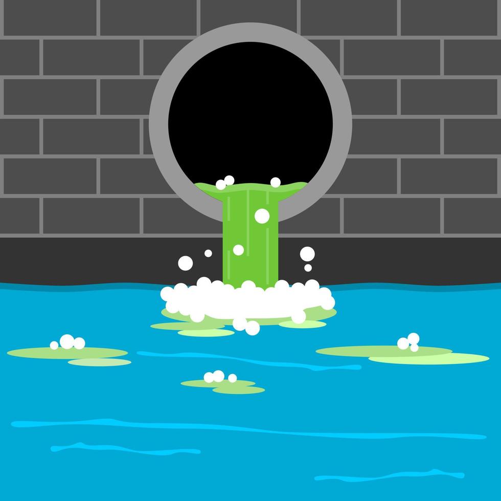 Green wastewater flowing from pipe sewer drain into water river pollution the environment flat vector. vector