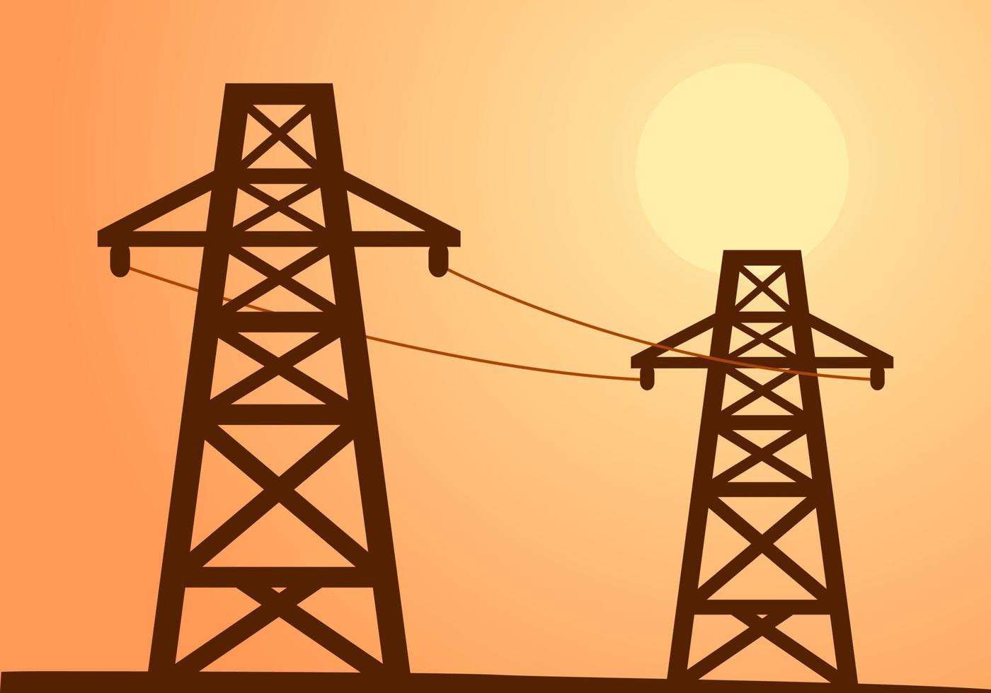 Silhouette shadow high voltage power electric pole with twilight sun evening sunset orange background flat vector design.