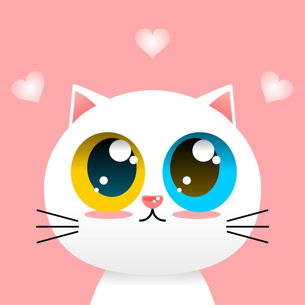 linda encantador blanco gato amarillo y azul ojo con rosado corazón pegatina concepto amor enamorado día dibujos animados personaje vector diseño.