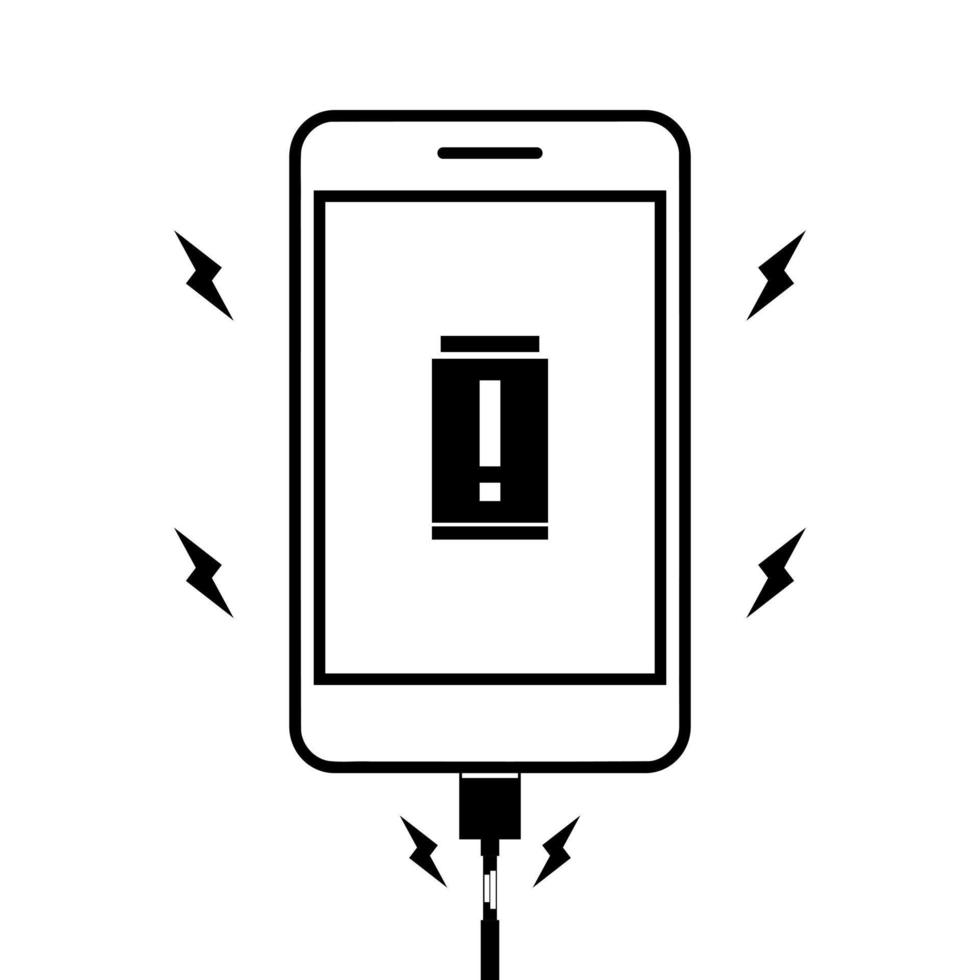 Broken damaged smartphone charger cable short circuit with sparks on white background black icon outline vector. vector