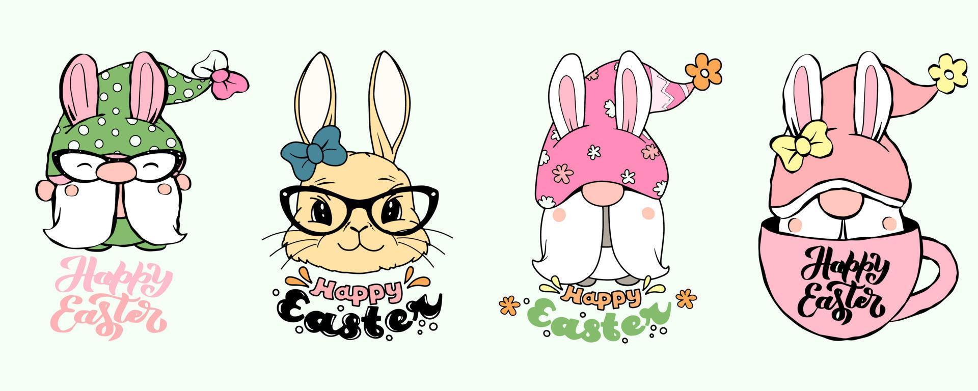 Happy Easter Gnomes with bunny ears on white background. Sitting dwarf with bunny ears. Greeting card, banner, t shirt print. vector