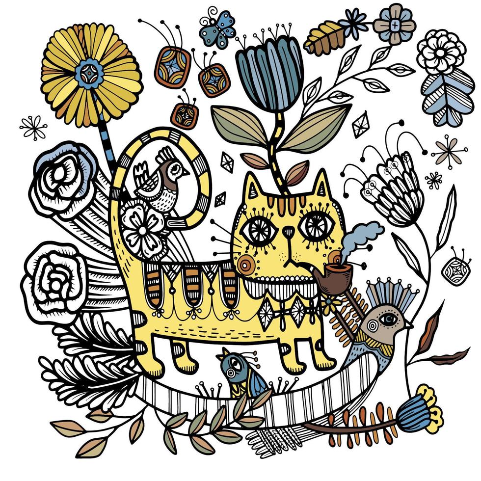 Vector illustration zentangl. A cat  smoking surrounded by flowers and birds.