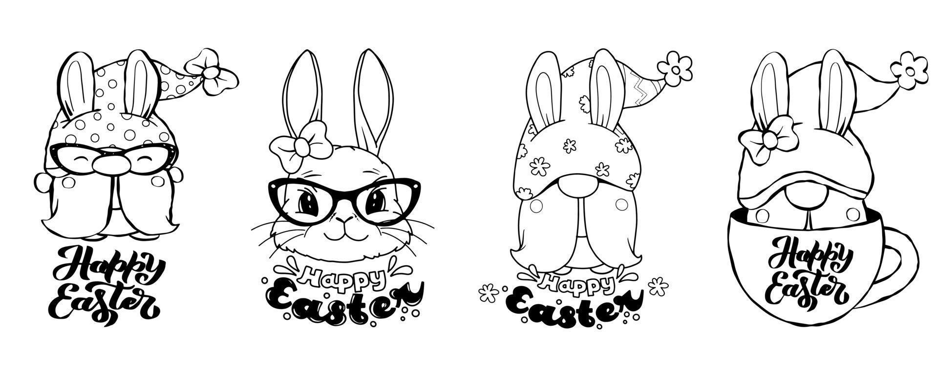 Happy Easter Gnomes with bunny ears on white background. Sitting dwarf with bunny ears. Greeting card, banner, t shirt print. vector