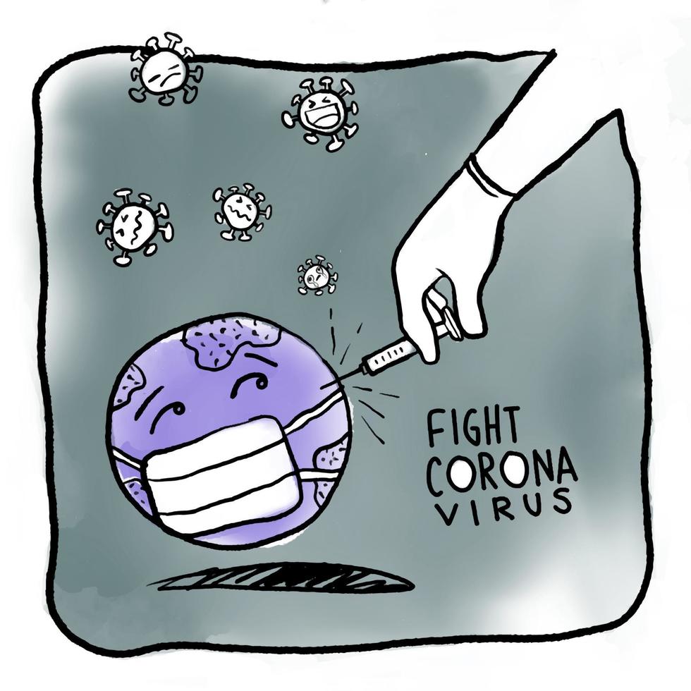 The world is sick, the world is vaccinated against COVID-19 ,Doodle style vector