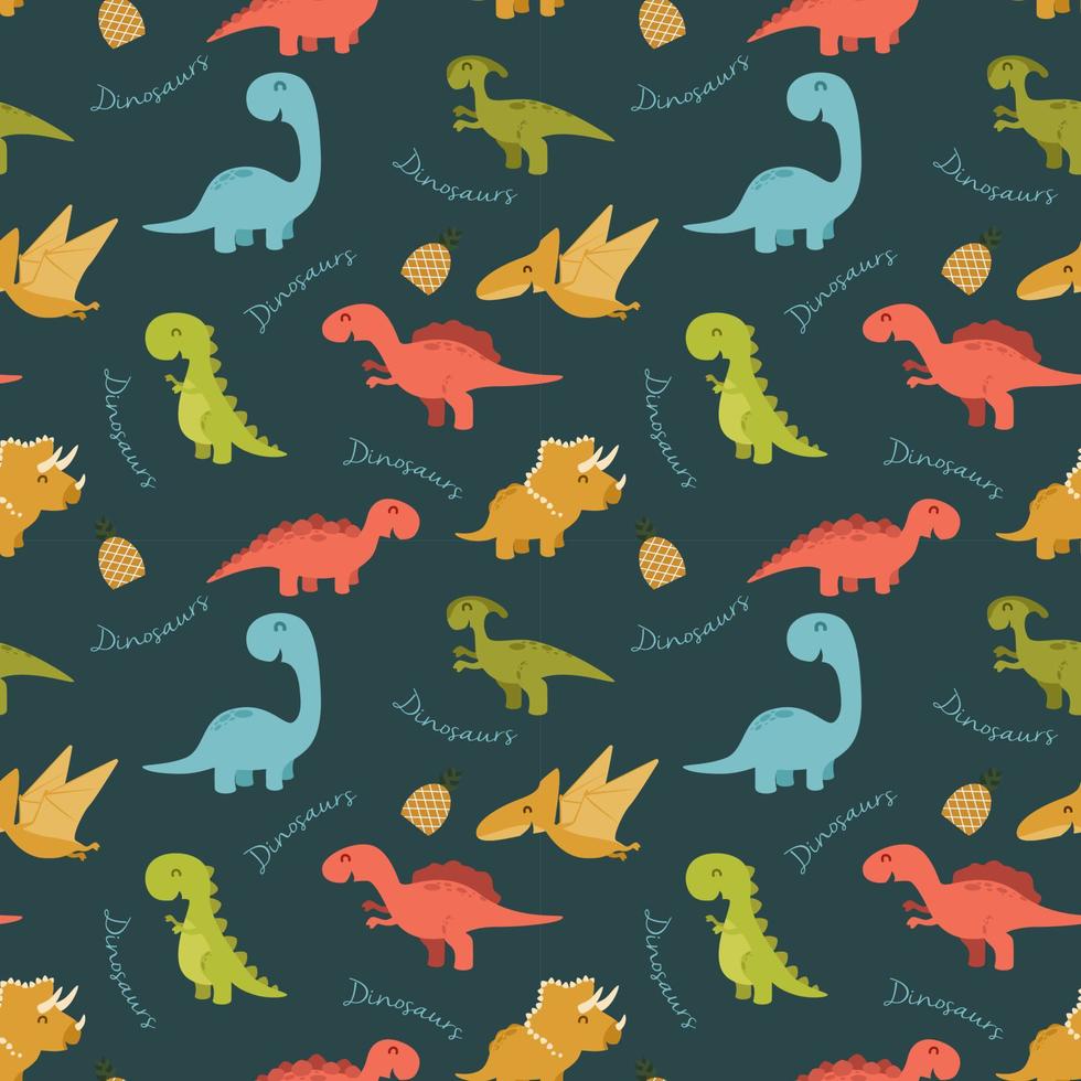 Cute seamless pattern with cartoon colorful dinosaurs vector