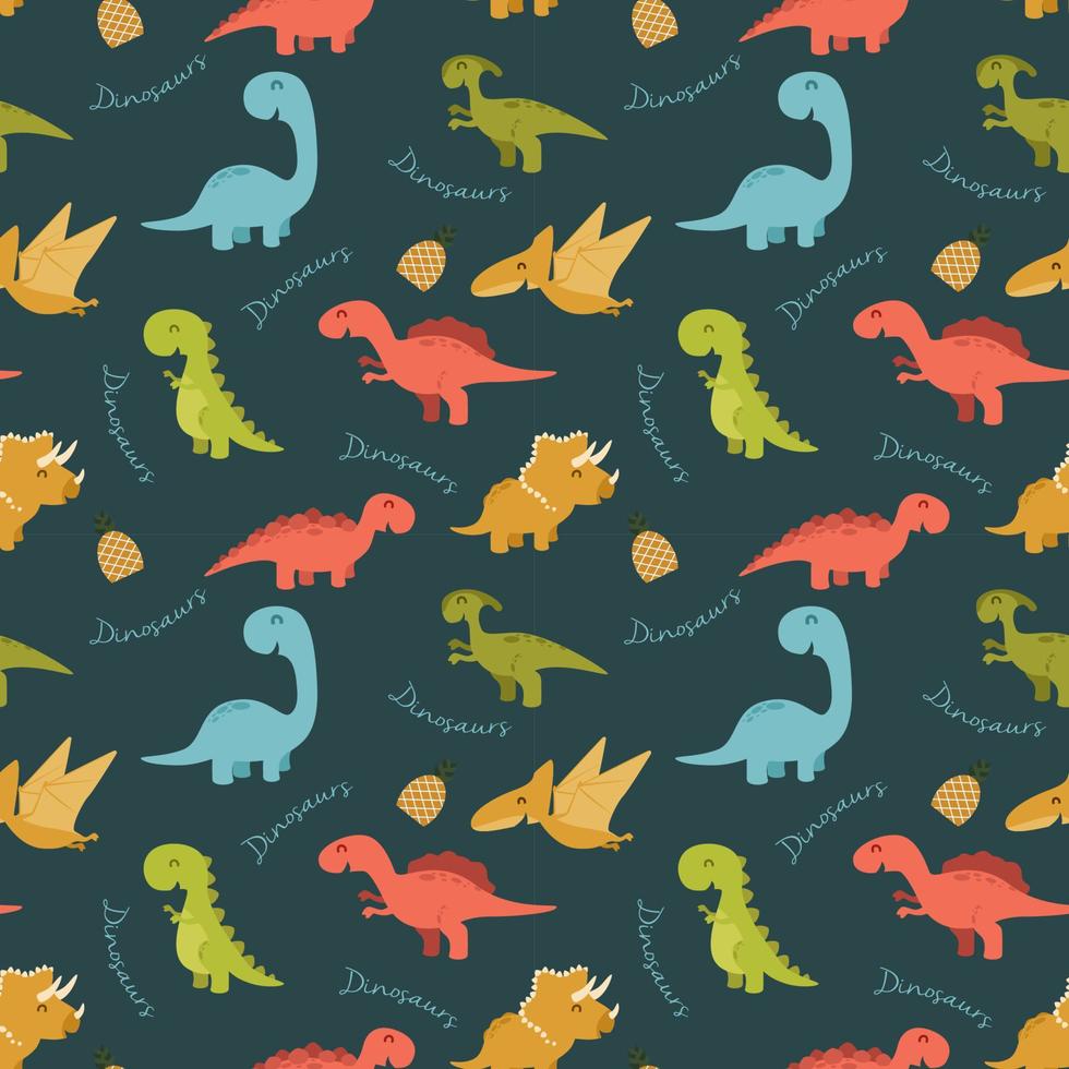 Cute seamless pattern with cartoon colorful dinosaurs vector