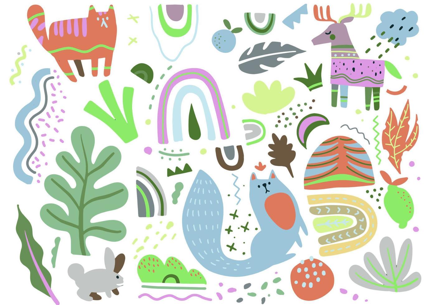 Cute hand drawn design including abstract fox cat rabbit and deer motifs from Scandinavian nature. vector