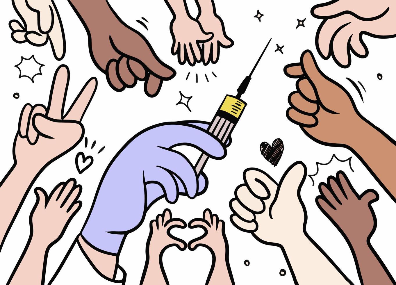 Vaccination of patients. People's hands reaching for a vaccine vial. Doodle vector