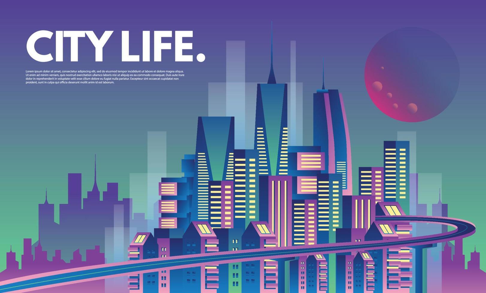 Neon Cityscape cyber smart city vector flat design illustration - Copy