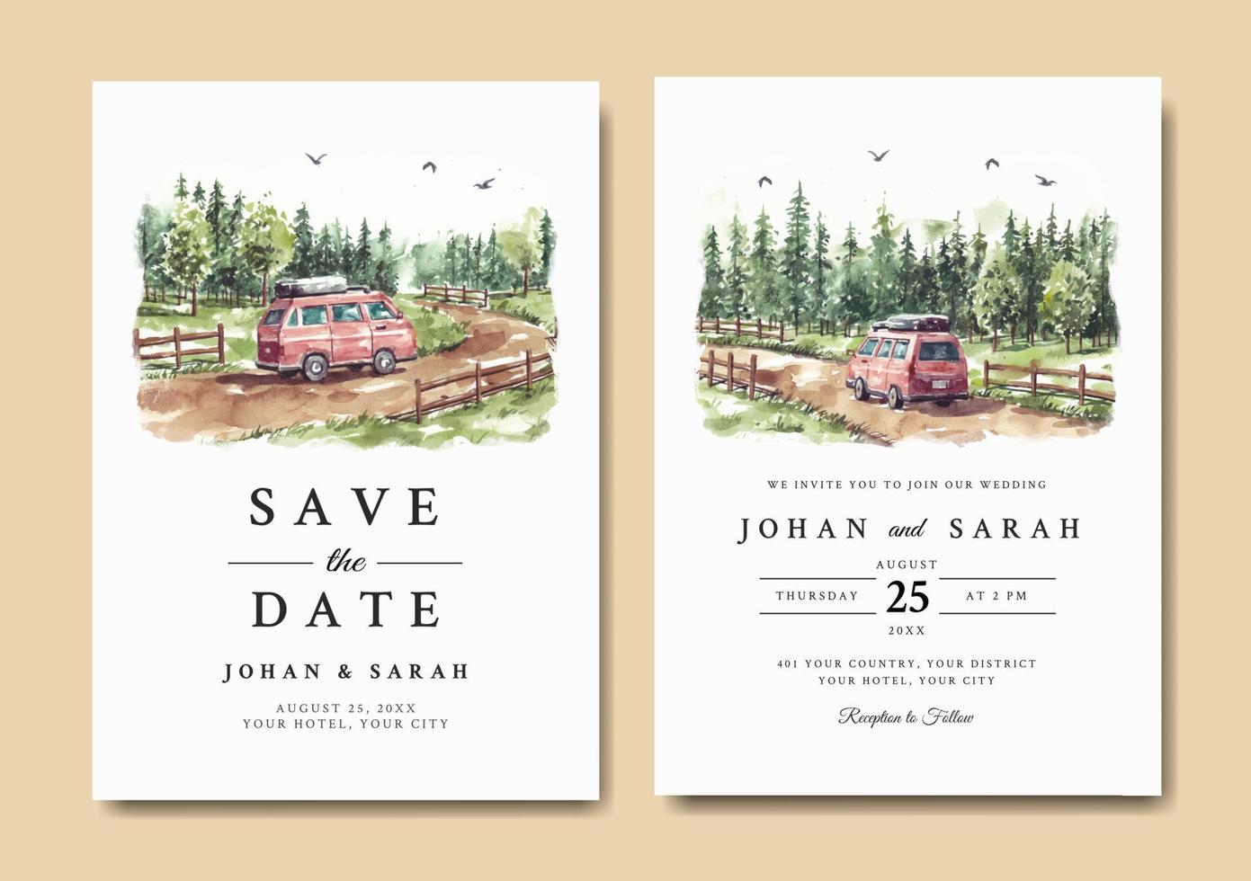 Watercolor wedding invitation set of road trip vector