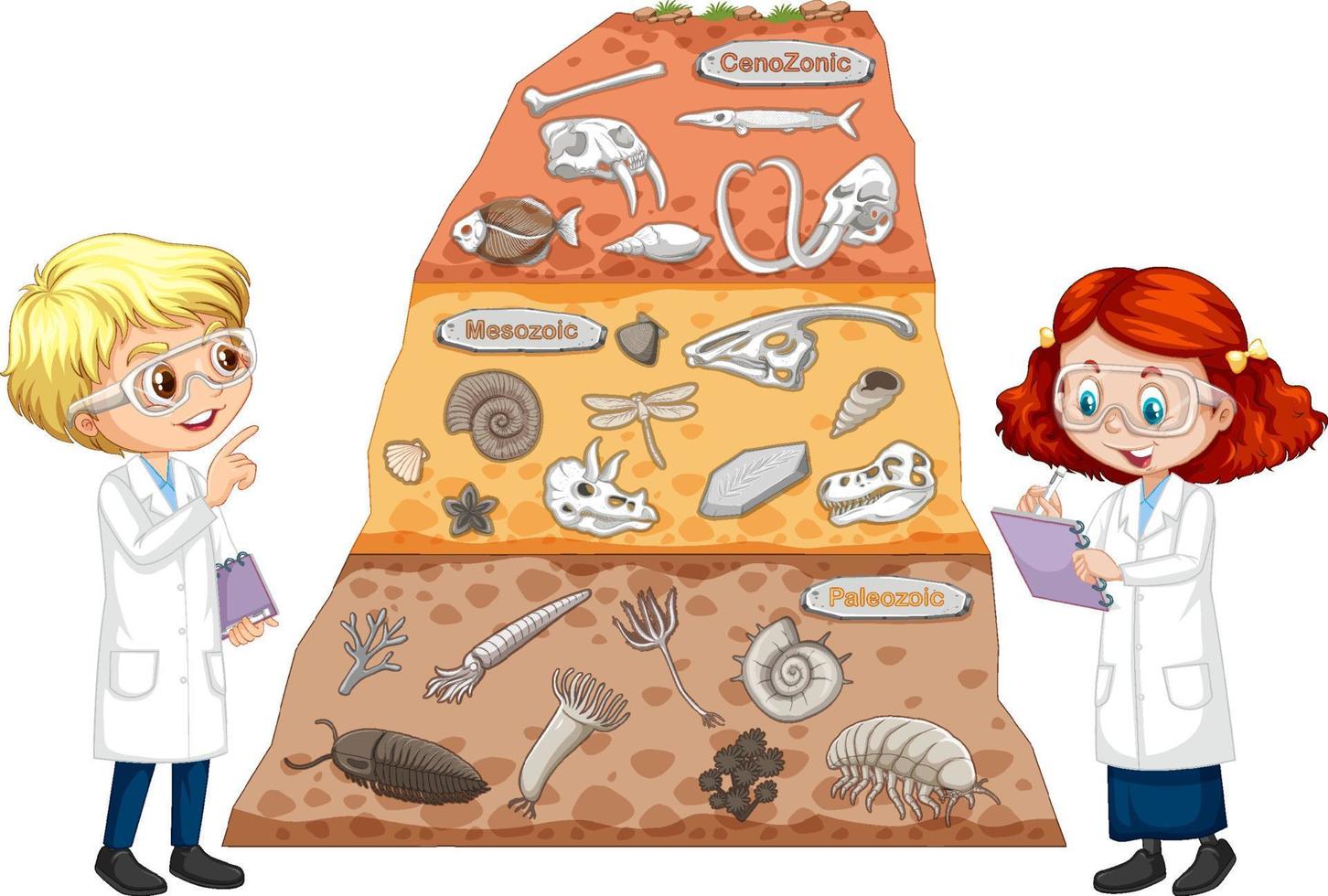 Fossil in soil layers with children cartoon character vector