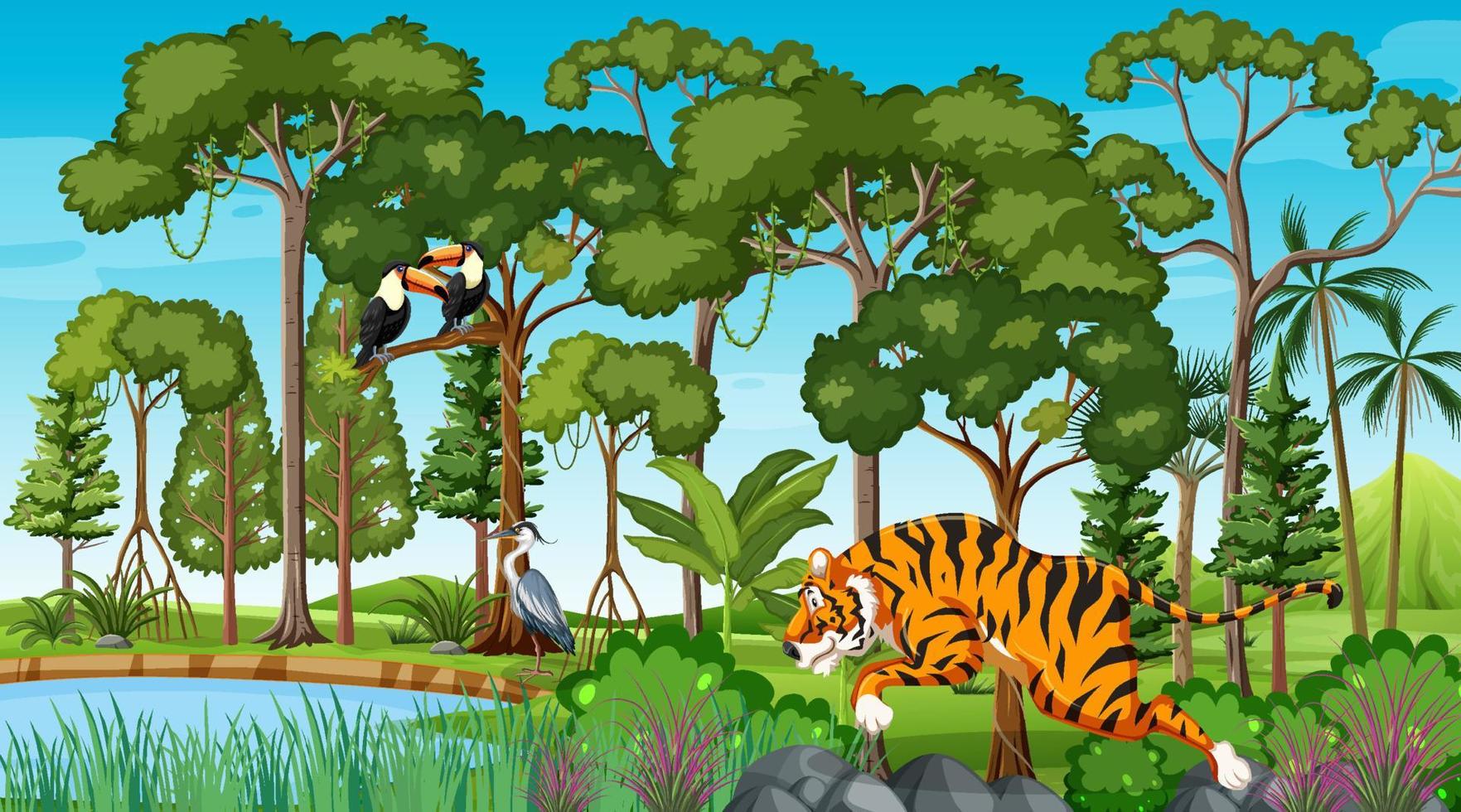 Forest scene with various wild animals vector