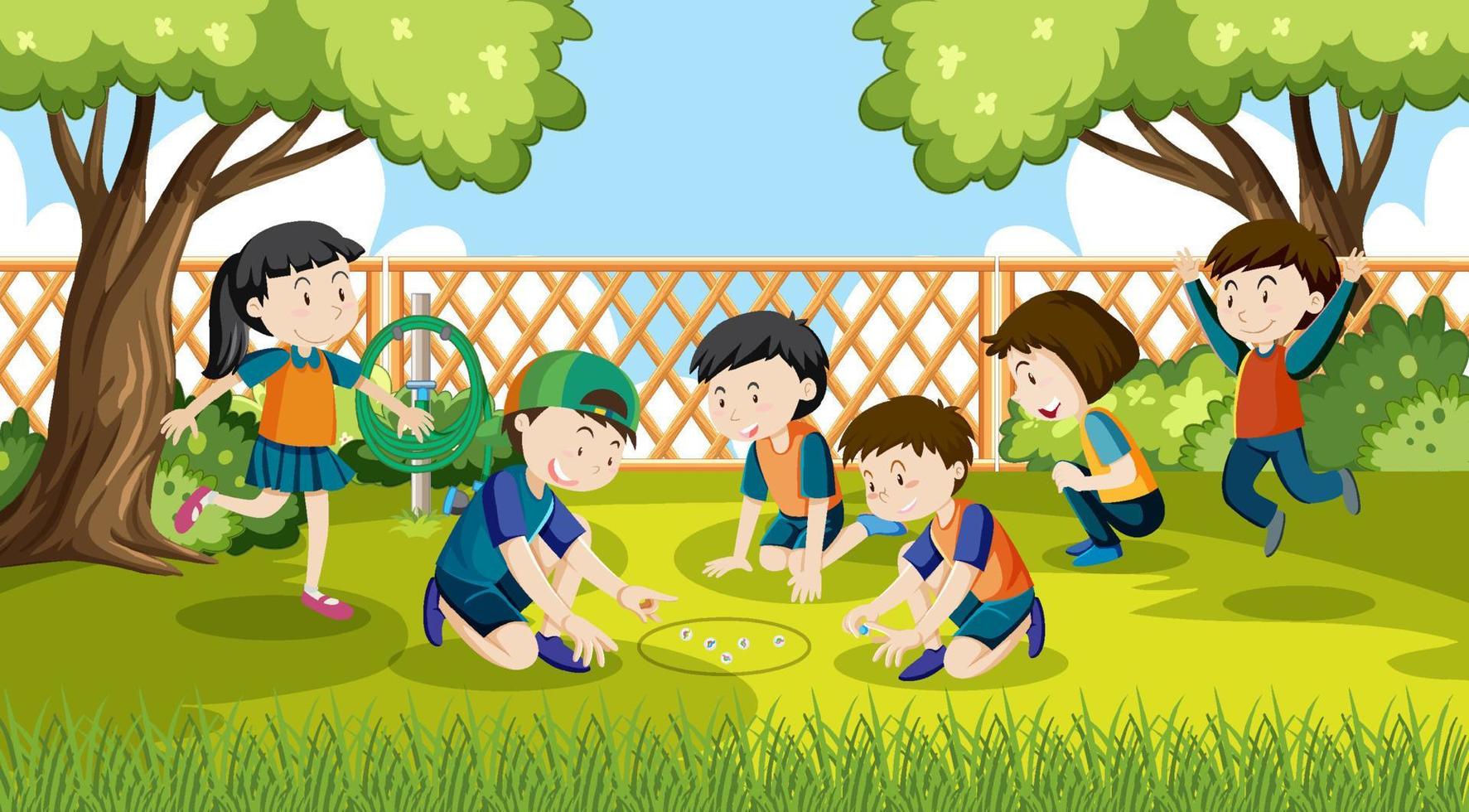 Children playing jack stones at the park vector