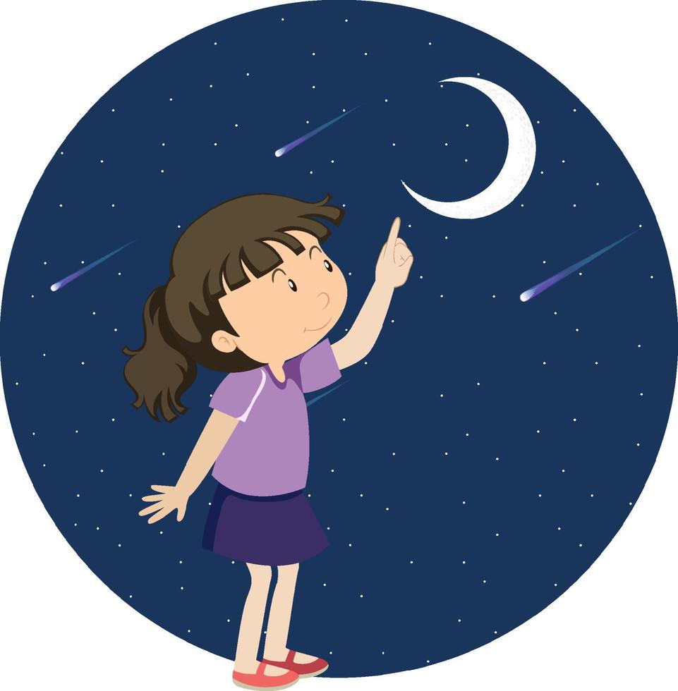 una niña señalando con el dedo a la luna vector