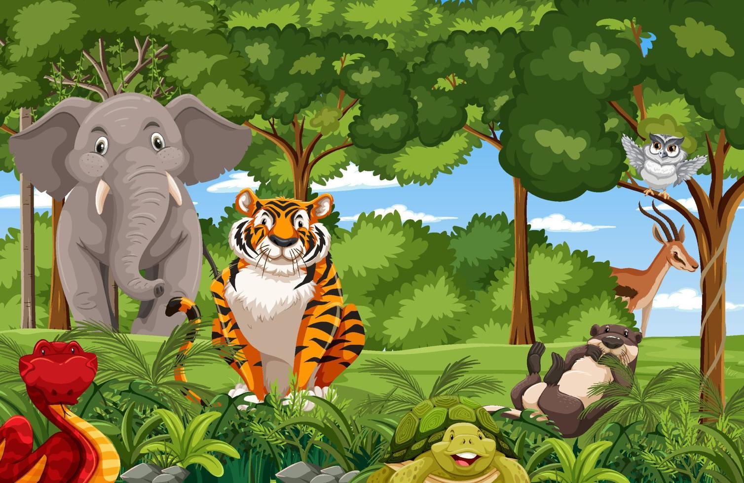 Wild animals in the forest scene vector