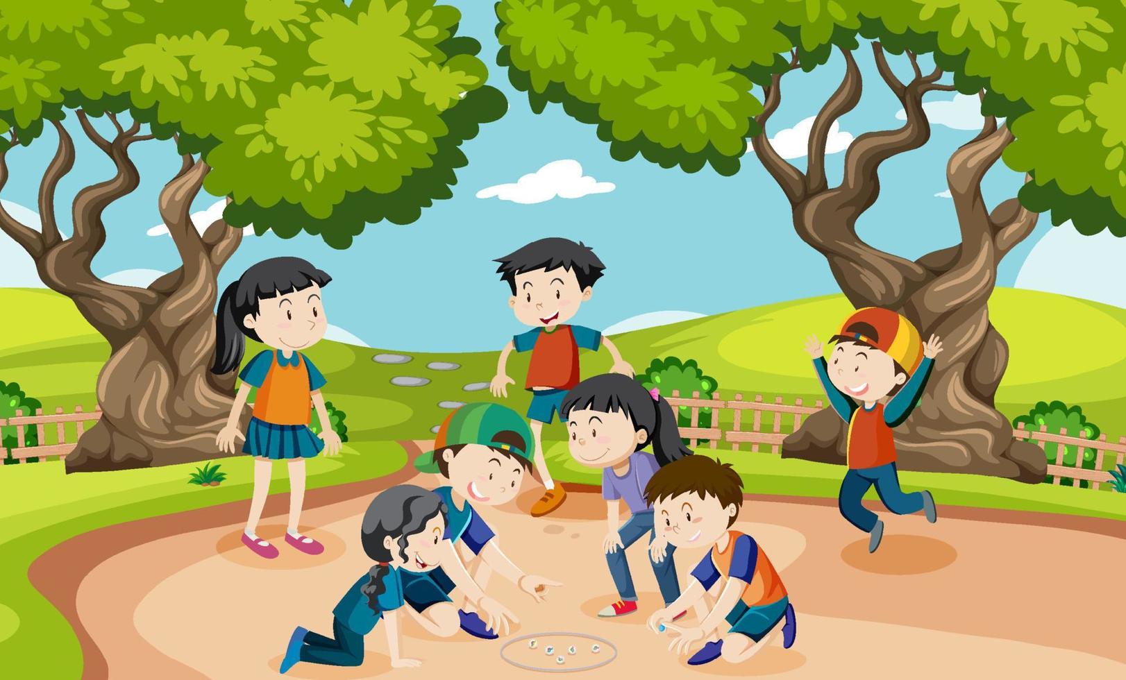 parque al aire libre con niños jugando canicas vector