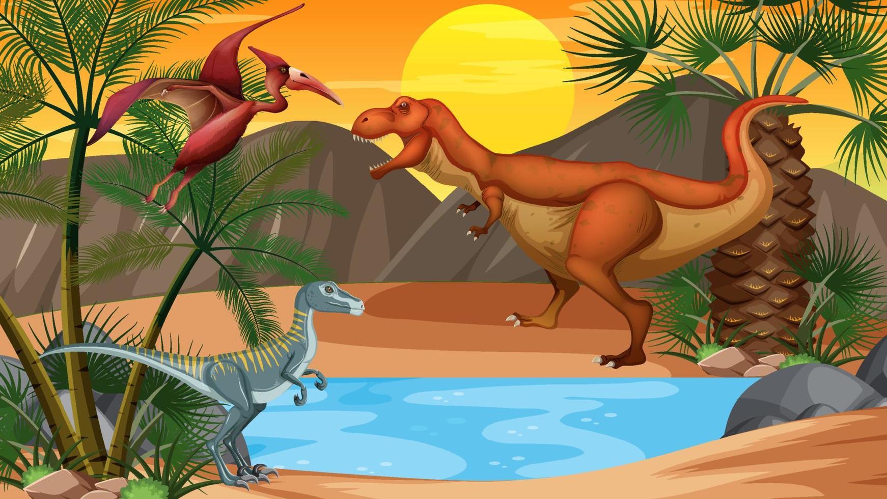 escena de la naturaleza con estanque y dinosaurio vector