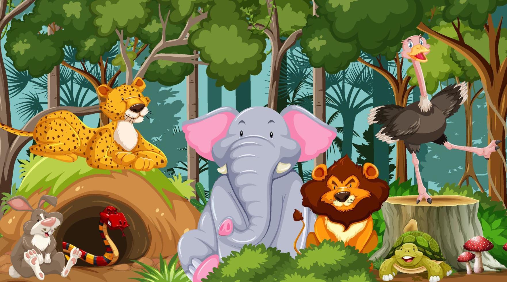 Wild animals cartoon in the forest scene vector