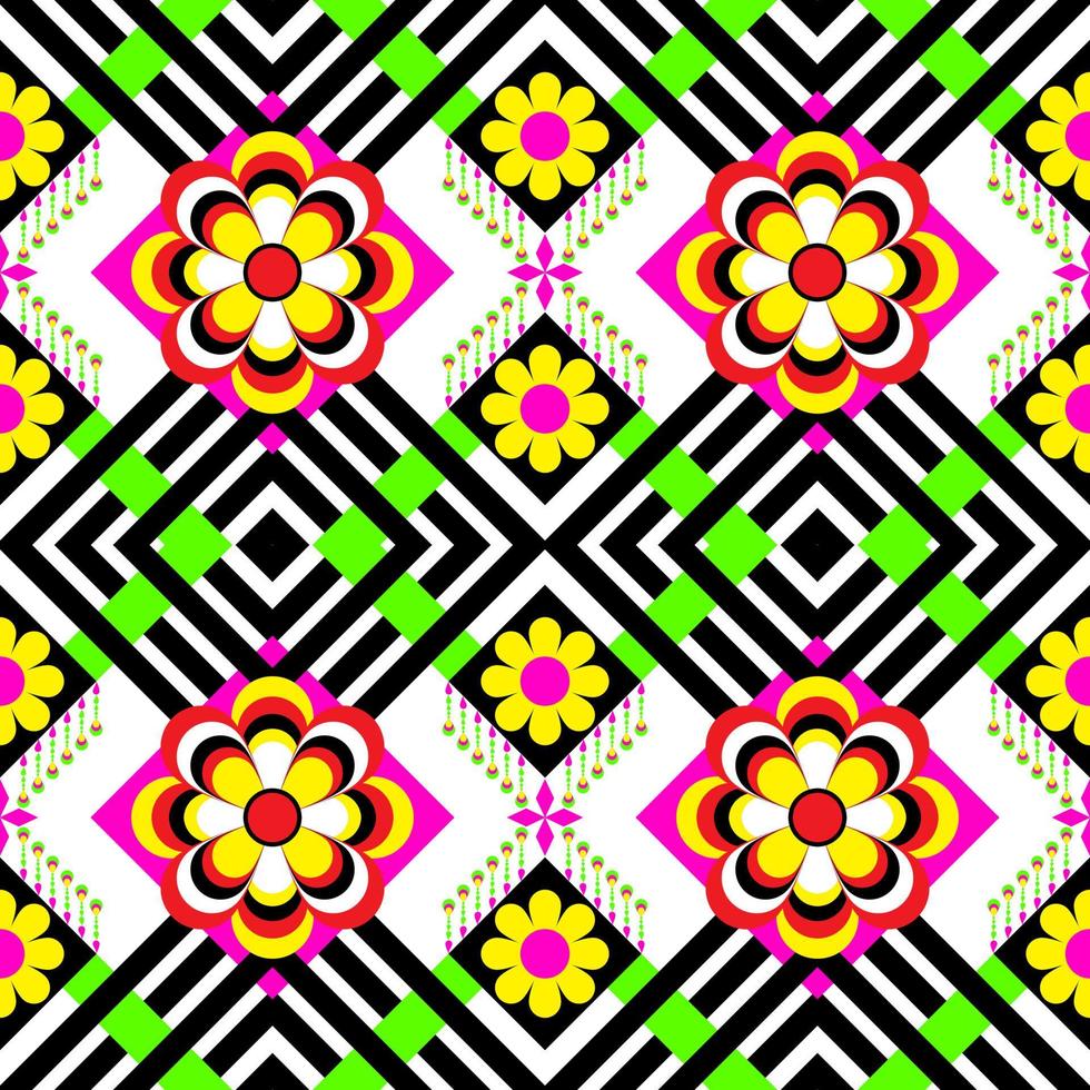 A colorful ethnic seamless pattern with flowers designed for wallpaper, background, fabric, curtains, carpets, apparel, batik, and wrapping paper in vector format.