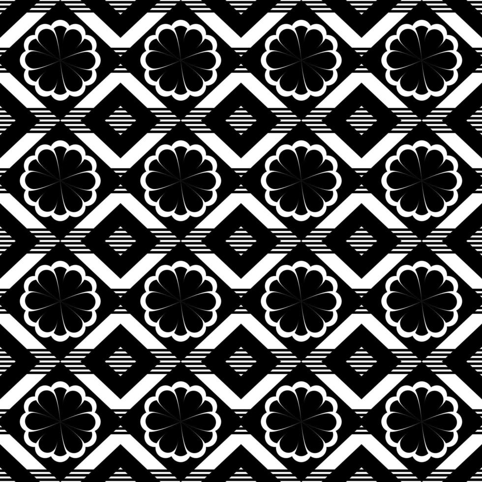 White and black In vector format, a geometrical ethnic seamless pattern with flowers for wallpaper, background, fabric, curtains, carpets, apparel, batik, and wrapping paper.