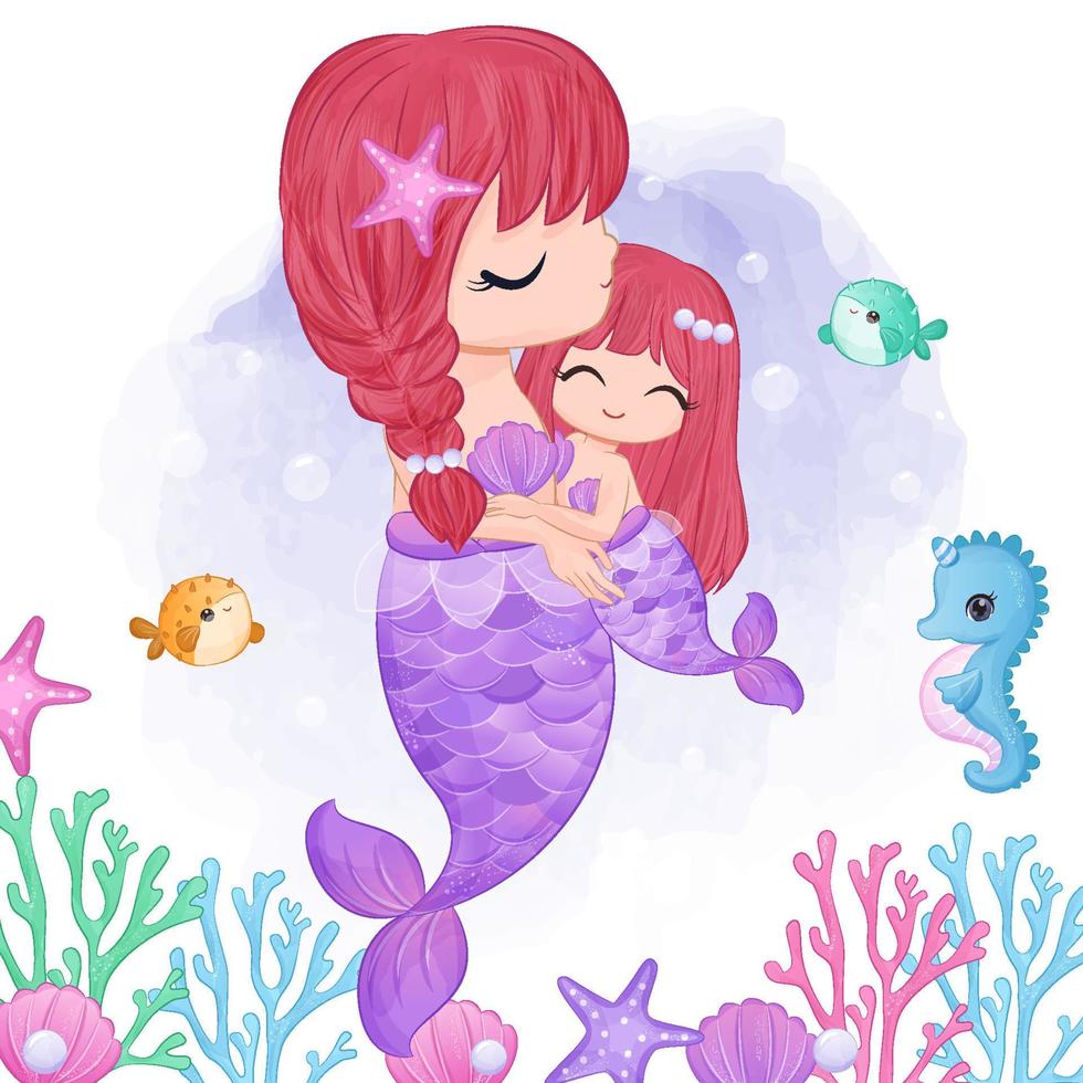 linda sirena mamá y bebé en ilustración acuarela vector