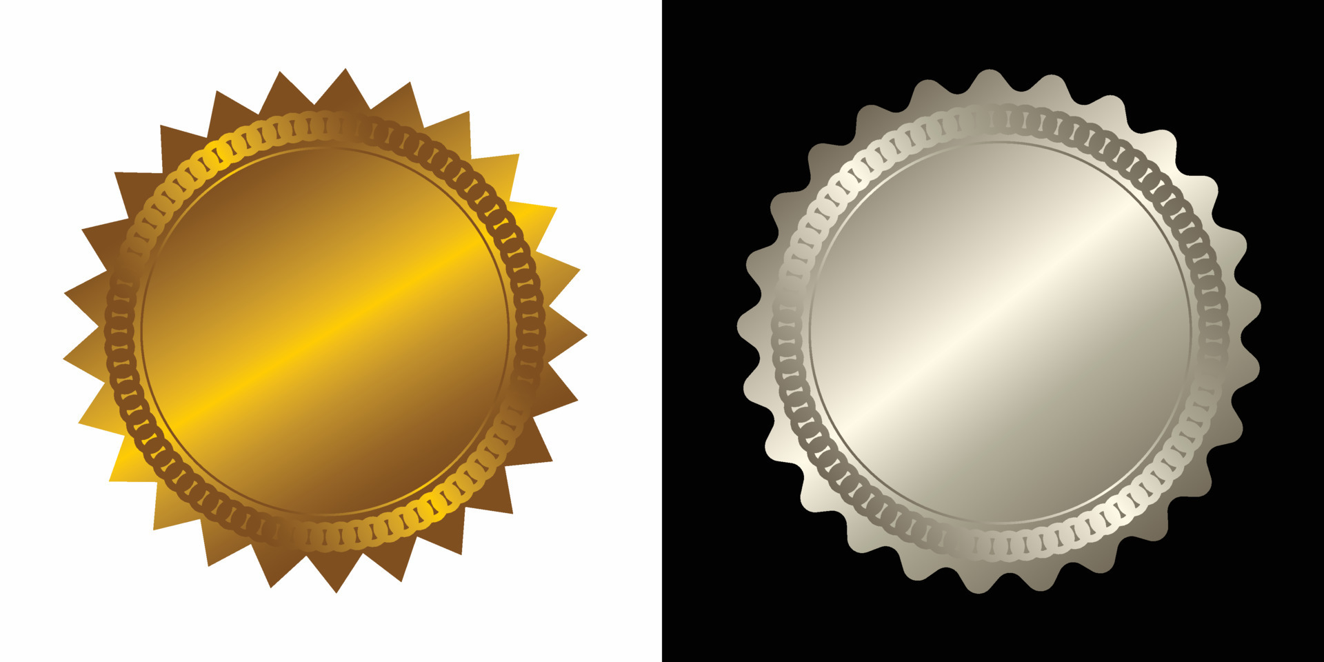 Set vector round golden and silver badge isolated, seal stamp gold