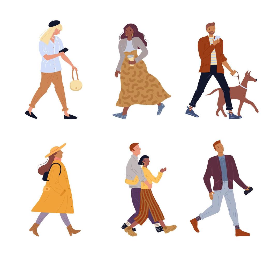 People character street park walking isolated set vector