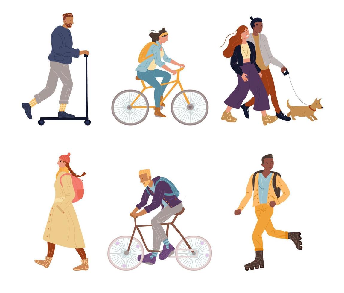 Active sportive people walking isolated bundle vector