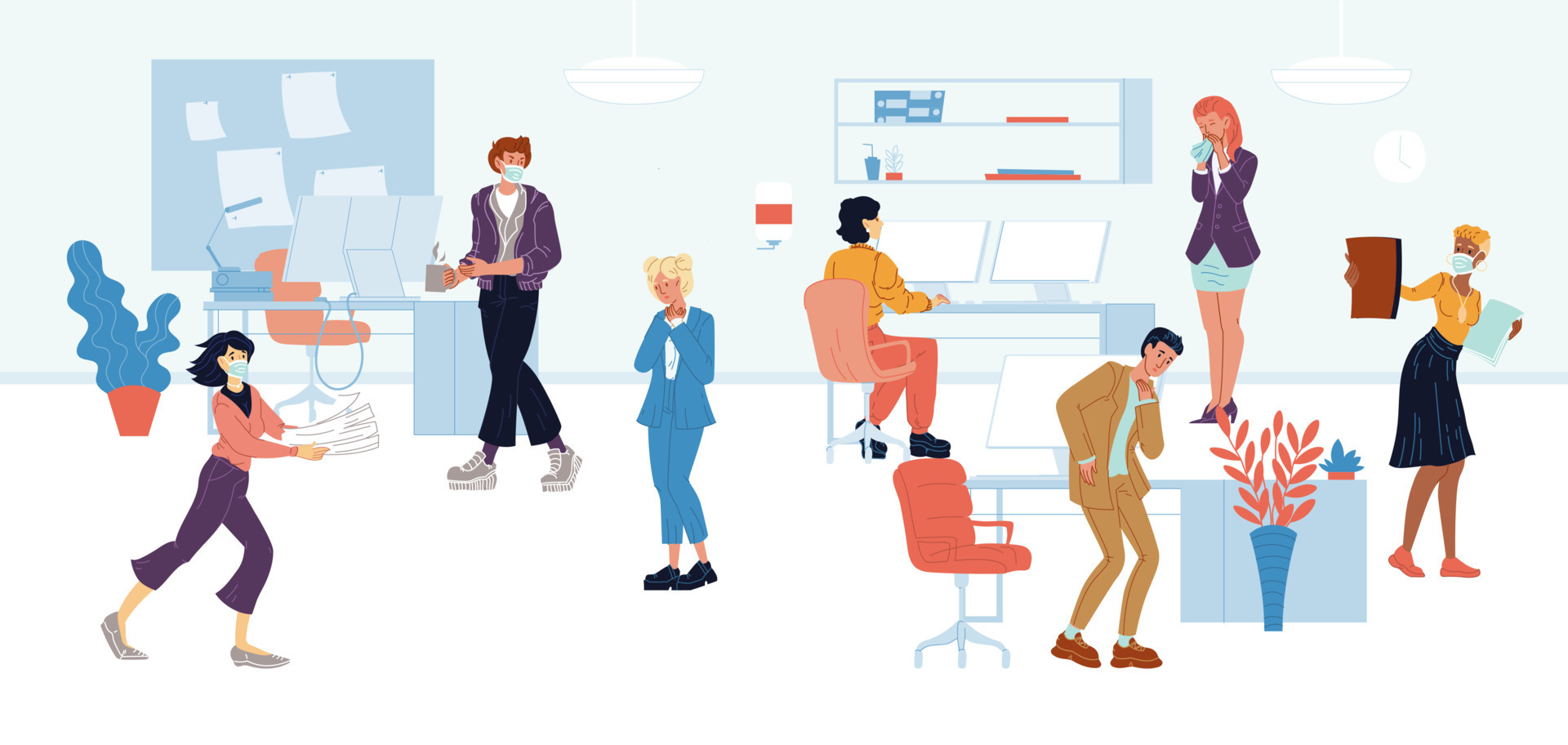 Workers, employees in medical masks sitting at computer desks, going