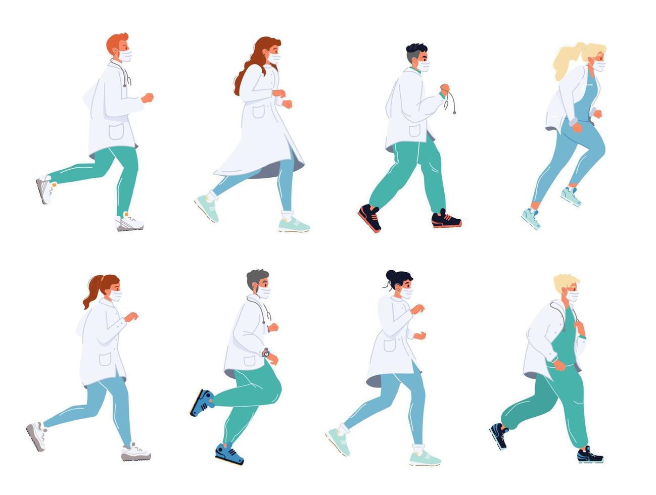 Doctor running in masks clinic health urgency set vector