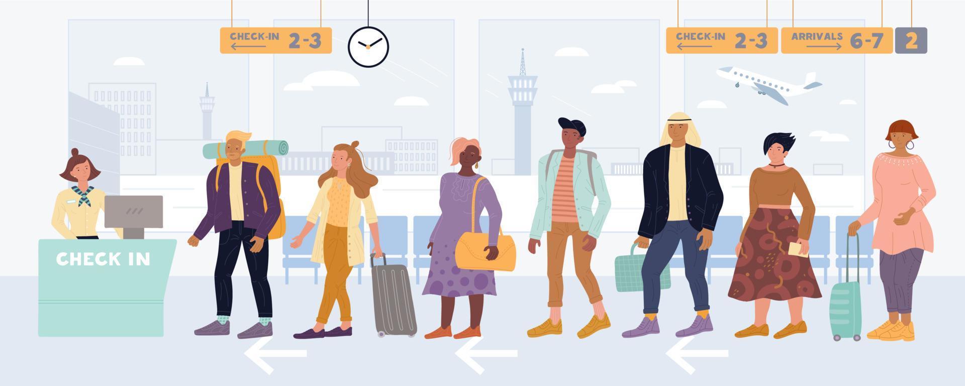 Multiracial men, women standing in queue to check in, drop off luggage at international airport. vector