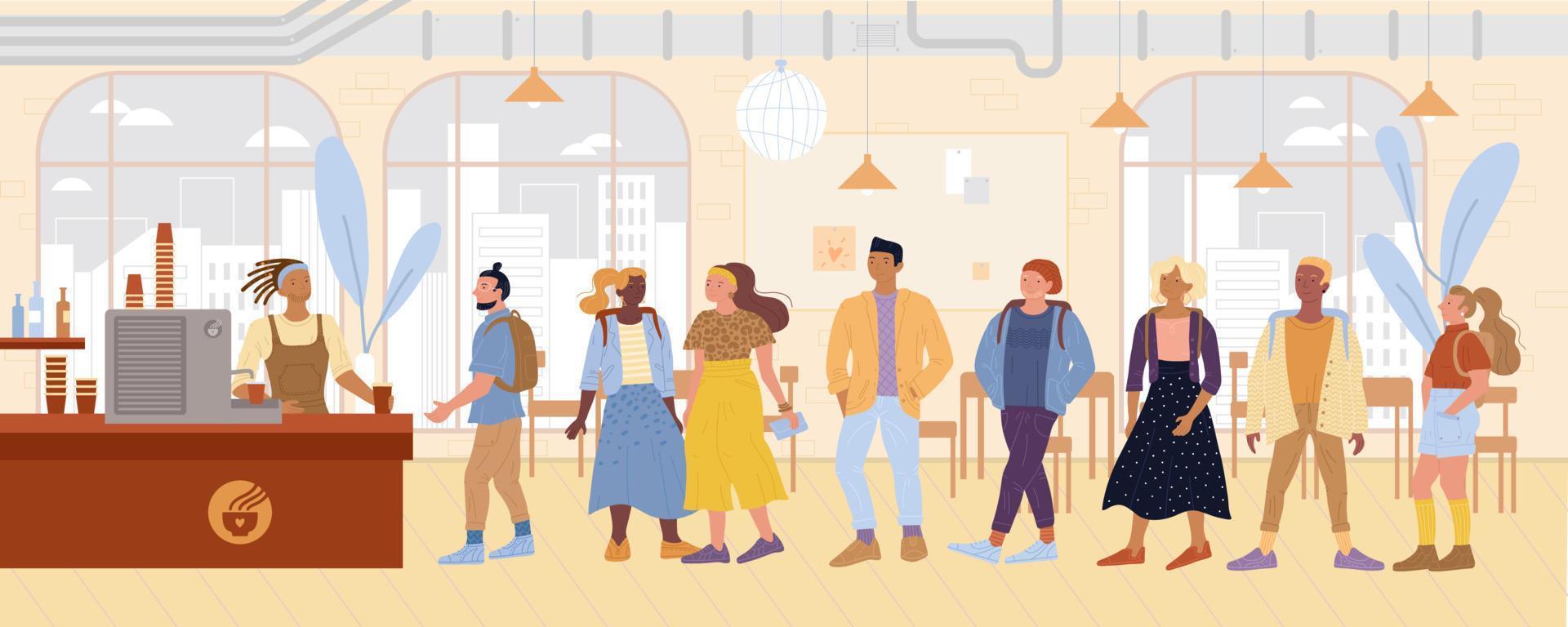 Hipsters, designers, students standing in queue to buy drinks, pastries at coffee house. vector