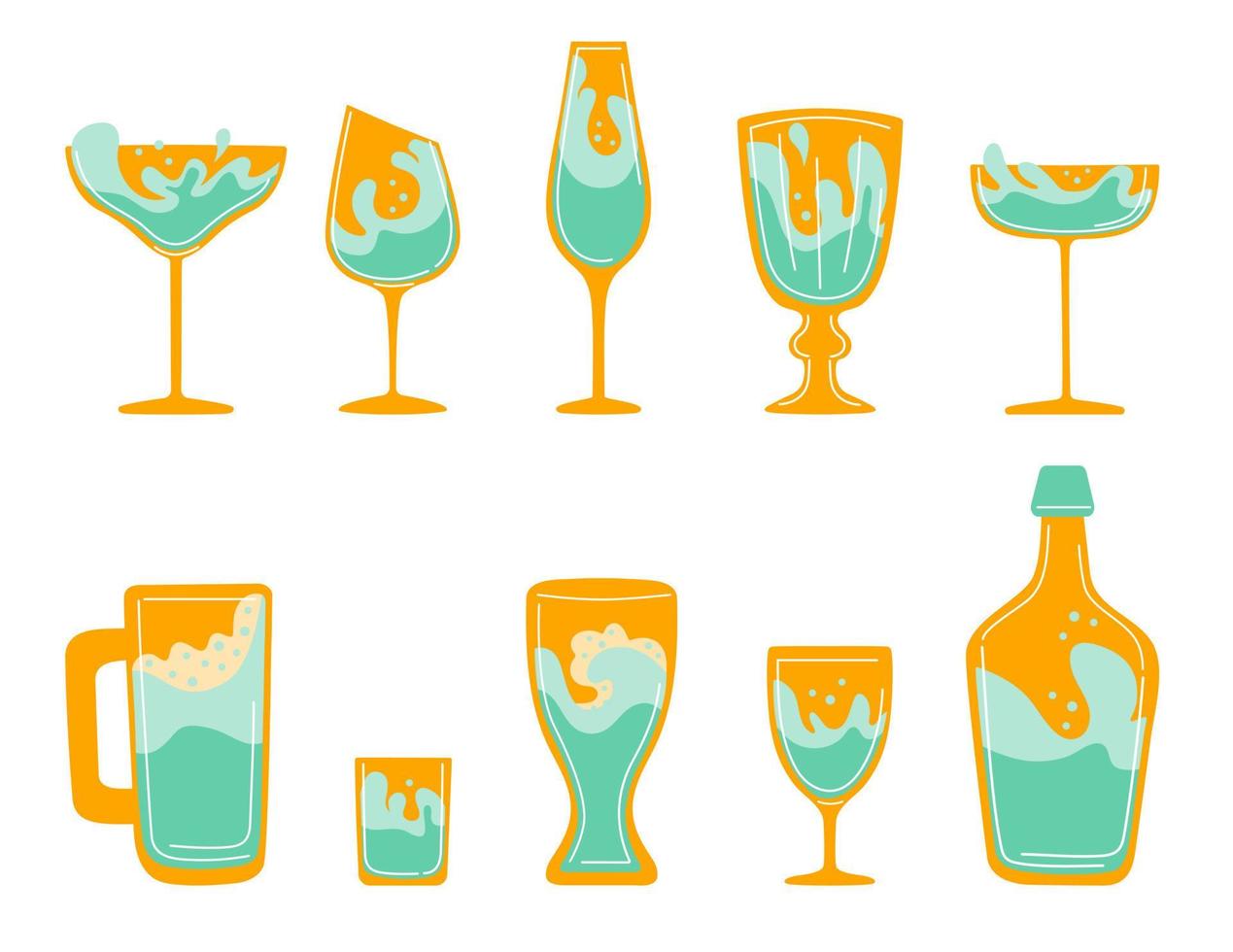 Vector set bundle stemwares glasses collection isolated flat illustration on white background. Champagne, wine, bottle, martini, whiskey, liqueur, beer, cocktail, brandy icons shape