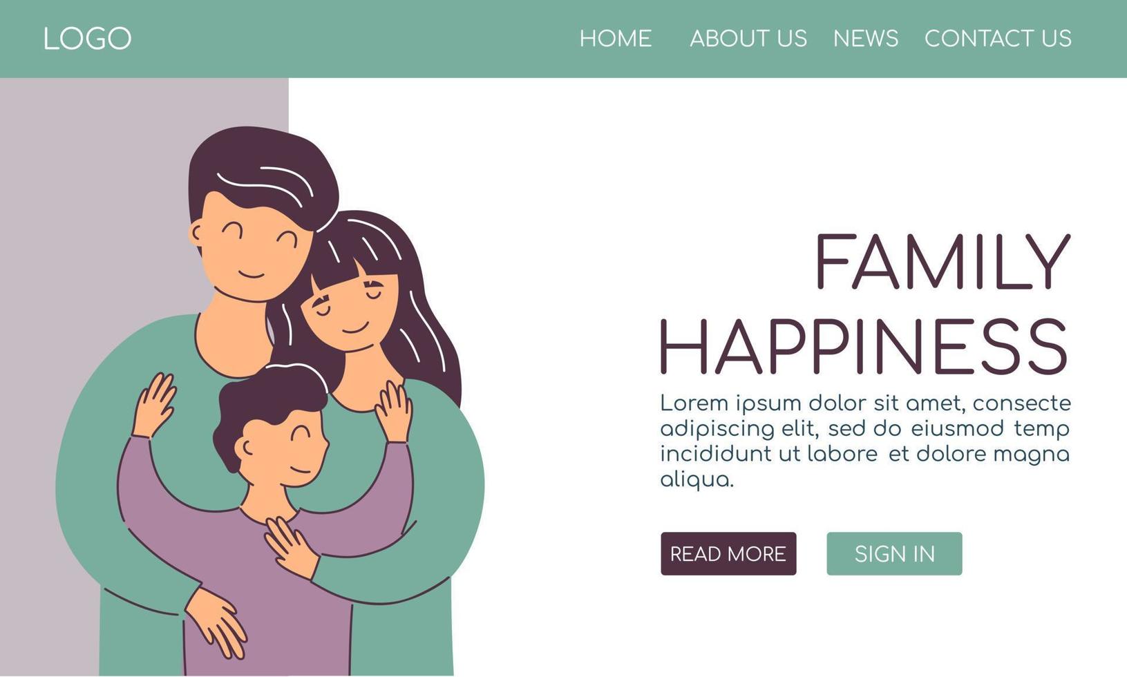 Home sweet home concept flat vector cartoon cute web template landing page website design banner.  Happy family hugs mother, father and child. Love to home. Home is where your family is