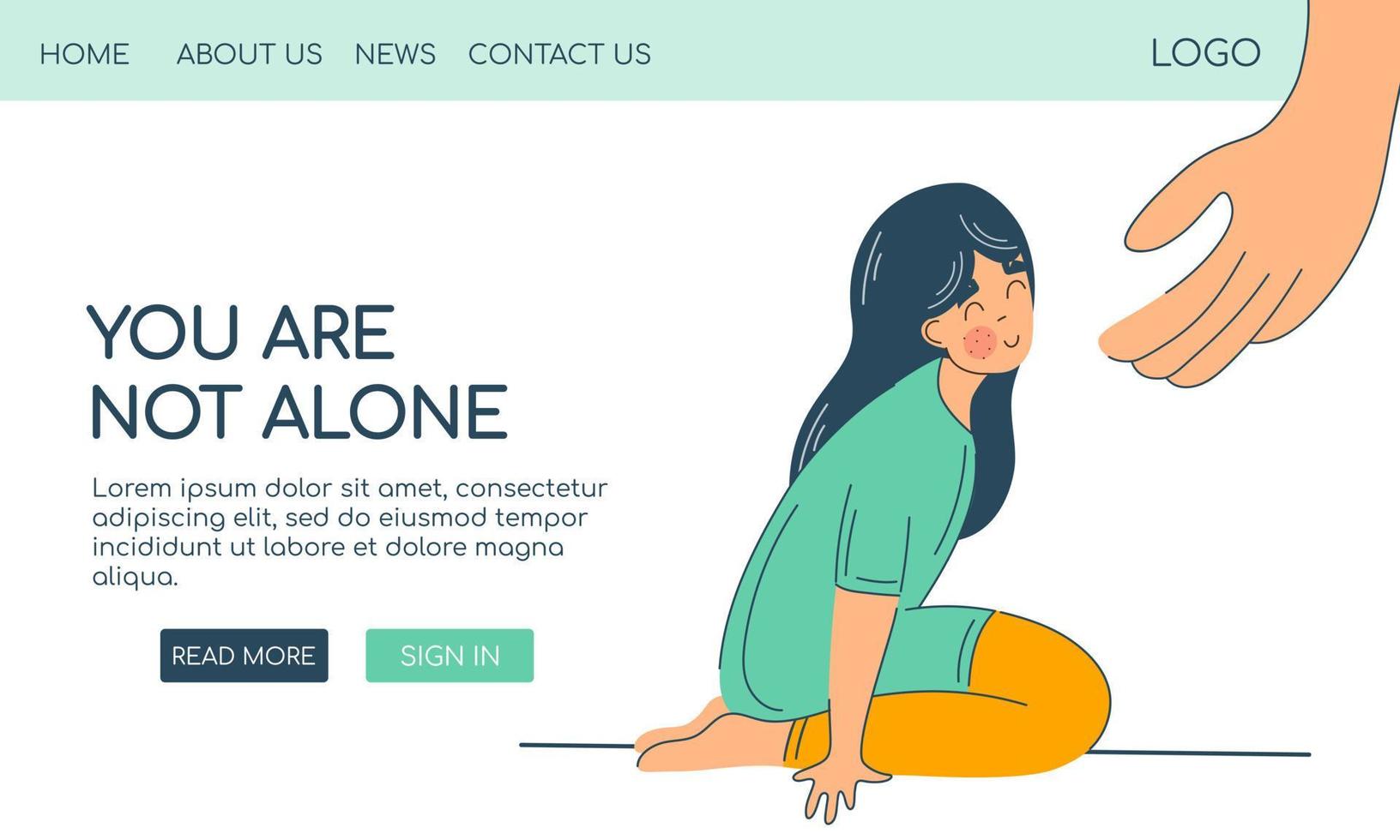 Care, compassion, protection and support concept. Web template banner landing page. Girl sitting in hands hands hug girl vector isolated flat character. Help to others, caring for others, support.