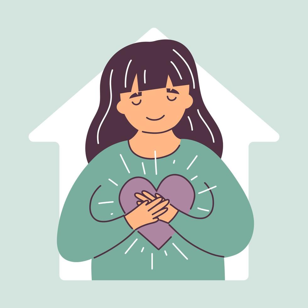 Home sweet home concept flat vector cartoon cute Illustration. Happy girl hugs heart hold it in hands. Love to home. Home is where your heart is