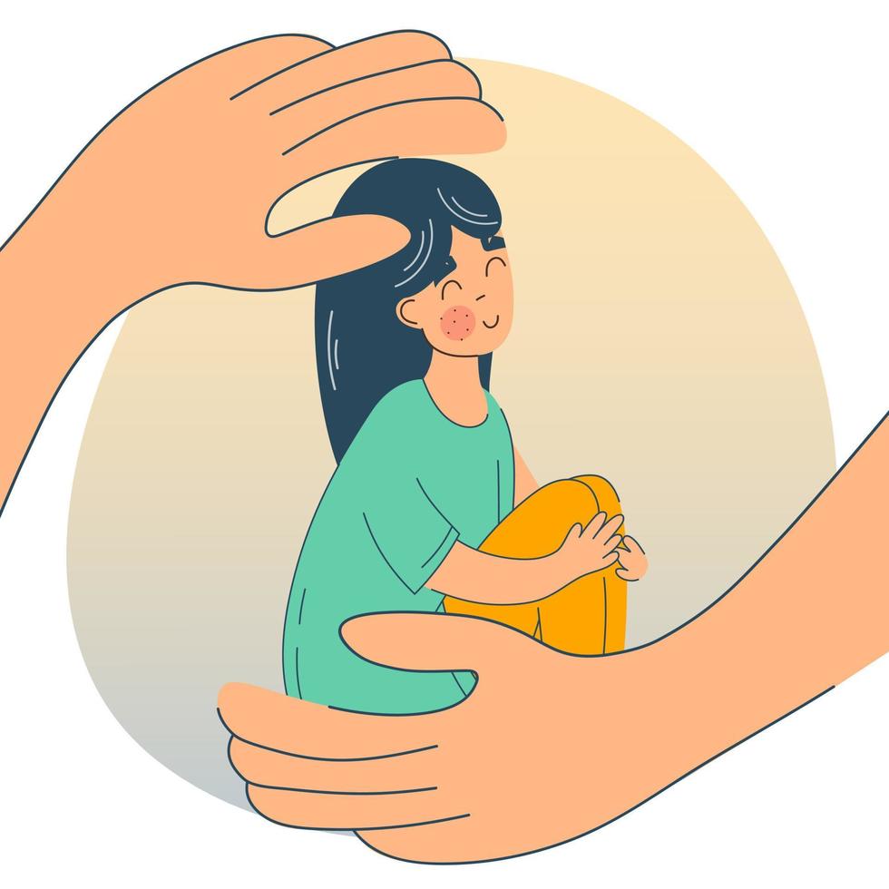Care, compassion, protection and support  concept. Girl sitting in hands hands hug girl vector isolated flat character on white background. Help to others, caring for others, support.